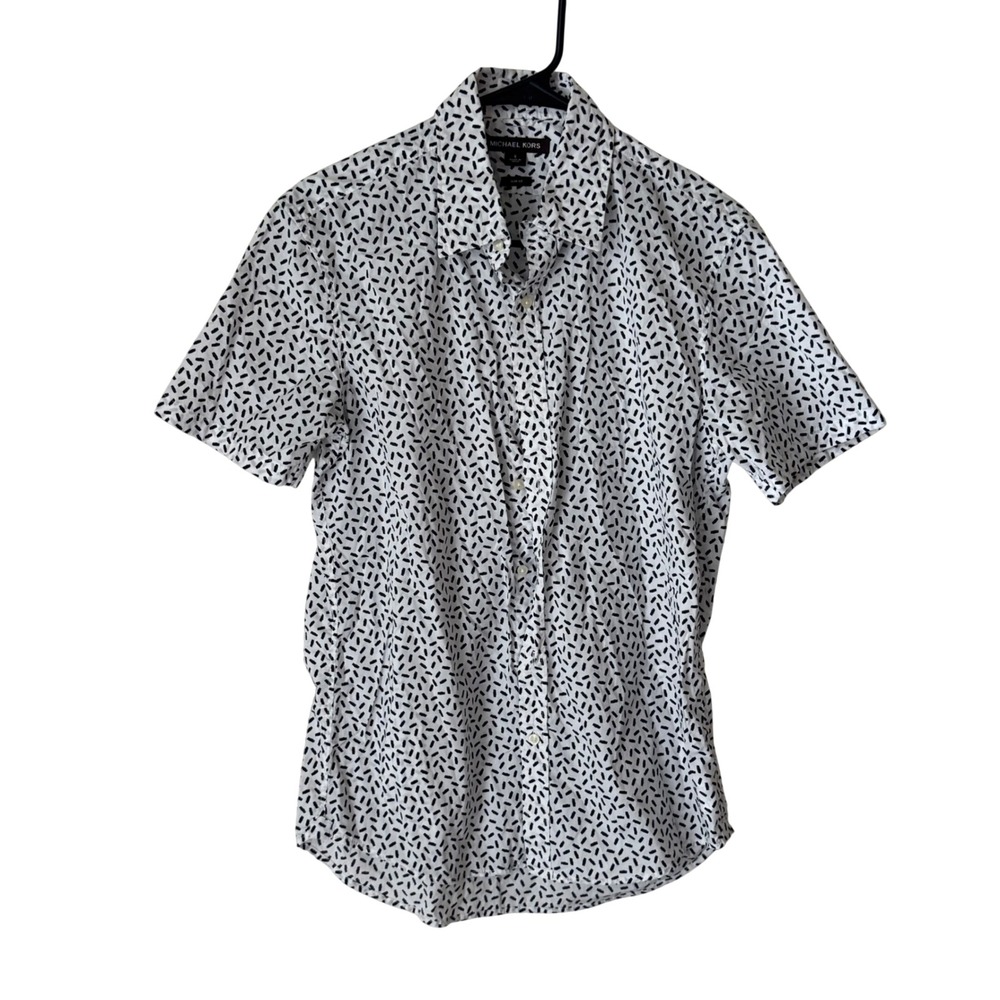 Michael Kors Mens Slim Fit Short Sleeve Button Down Shirt White Black Dashed S